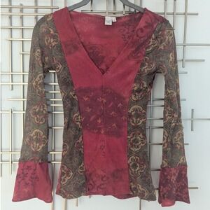 VTG Y2K Sweet Pea Patchwork Print Long Bell Sleeve V Neck Top Women's Sz S Boho